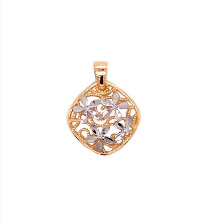 9k Two Tone Cushion Shape Pendant with Diamond Cut Flowers