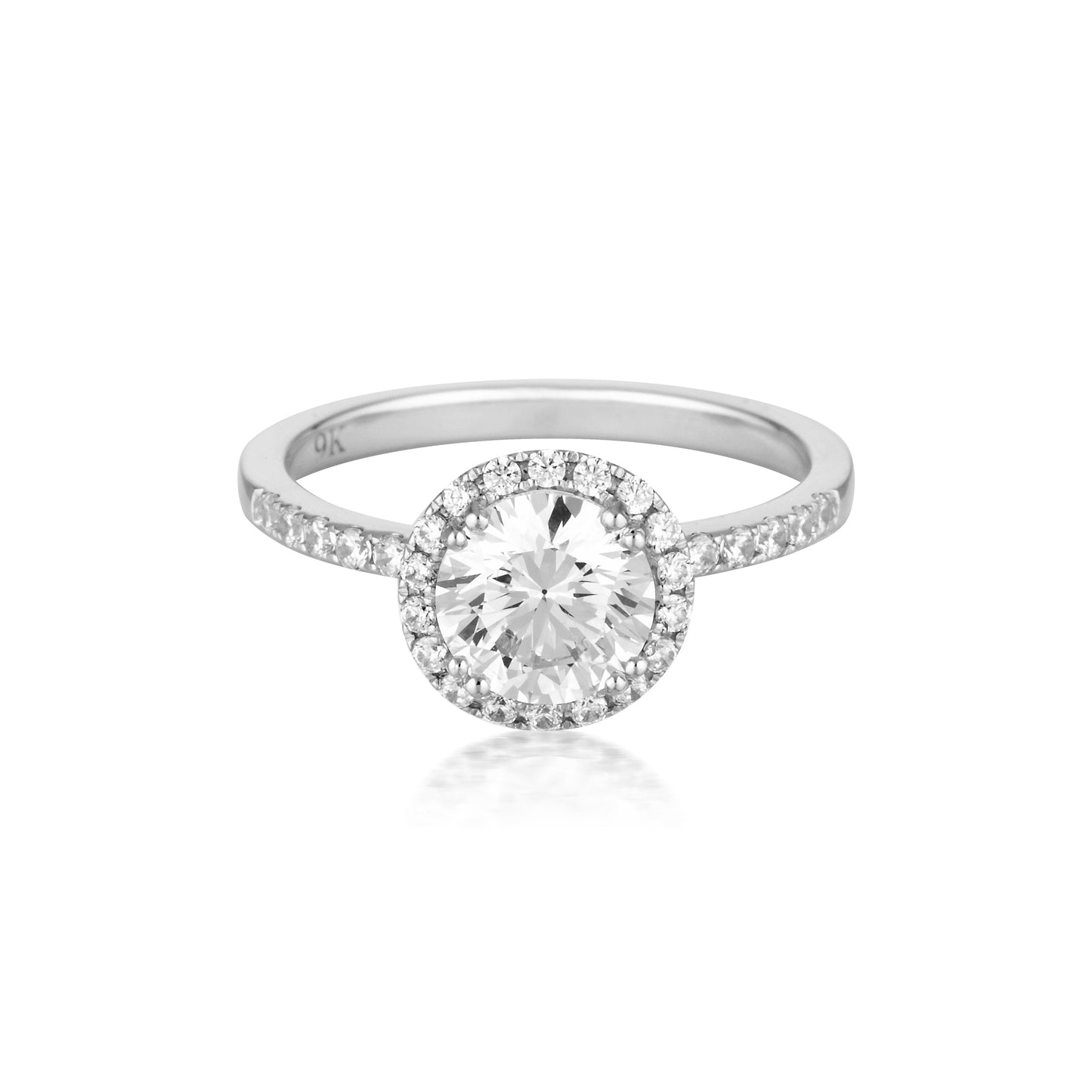 Georgini Gold Round Brilliant Cut 1.25tcw Halo Moissanite Engagement Ring in 9ct White Gold