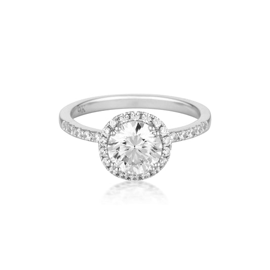 Georgini Gold Round Brilliant Cut 1.25tcw Halo Moissanite Engagement Ring in 9ct White Gold
