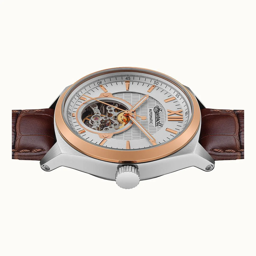 Ingersoll The Shelby Automatic Silver Rose Gold Brown Leather Watch