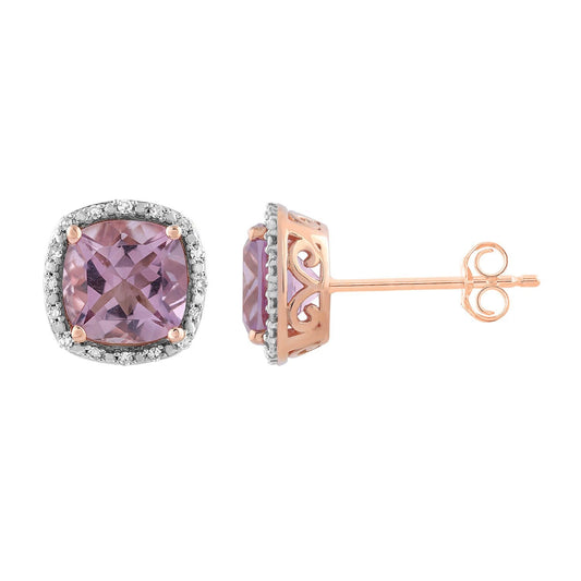 Pink Amethyst Earrings with 0.10ct Diamonds in 9K Rose Gold