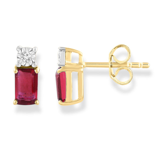 Diamond and Ruby Earrings with 0.02ct Diamonds in 9K Yellow Gold