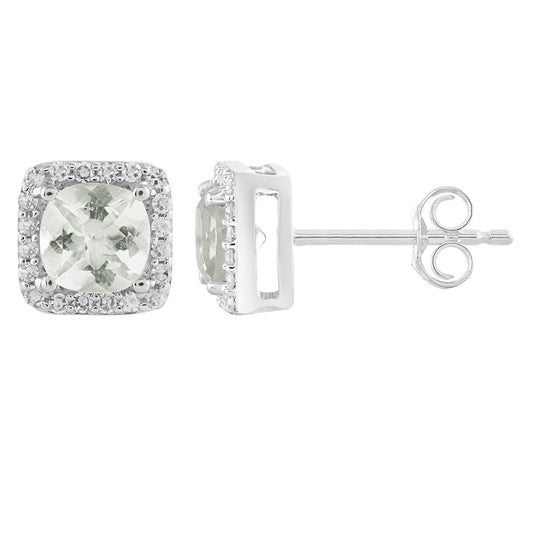 Green Amethyst Earrings with 0.15ct Diamonds in 9K White Gold