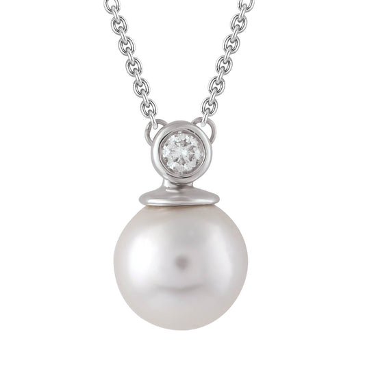 Diamond Pearl Necklace with 0.03ct Diamonds in 9K White Gold - N-20565-003-W