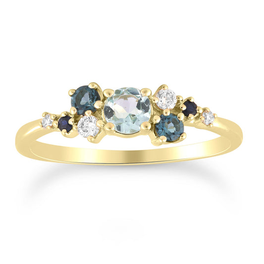 Diamond and Aquamarine Ring with 0.08ct Diamonds in 9K Yellow Gold