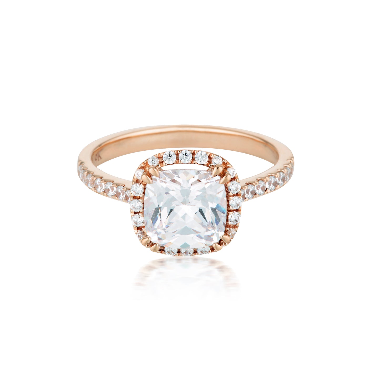 Georgini Gold Cushion Cut Halo 1.5tcw Moissanite Engagement Ring in 9ct Rose Gold