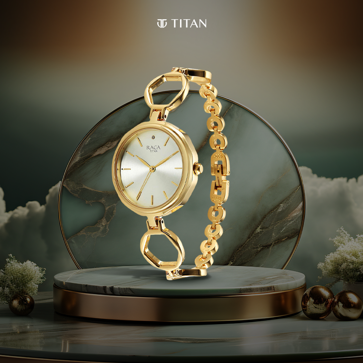 Titan Raga Viva Golden Dial Analog Quartz Metal Strap Watch for Women
