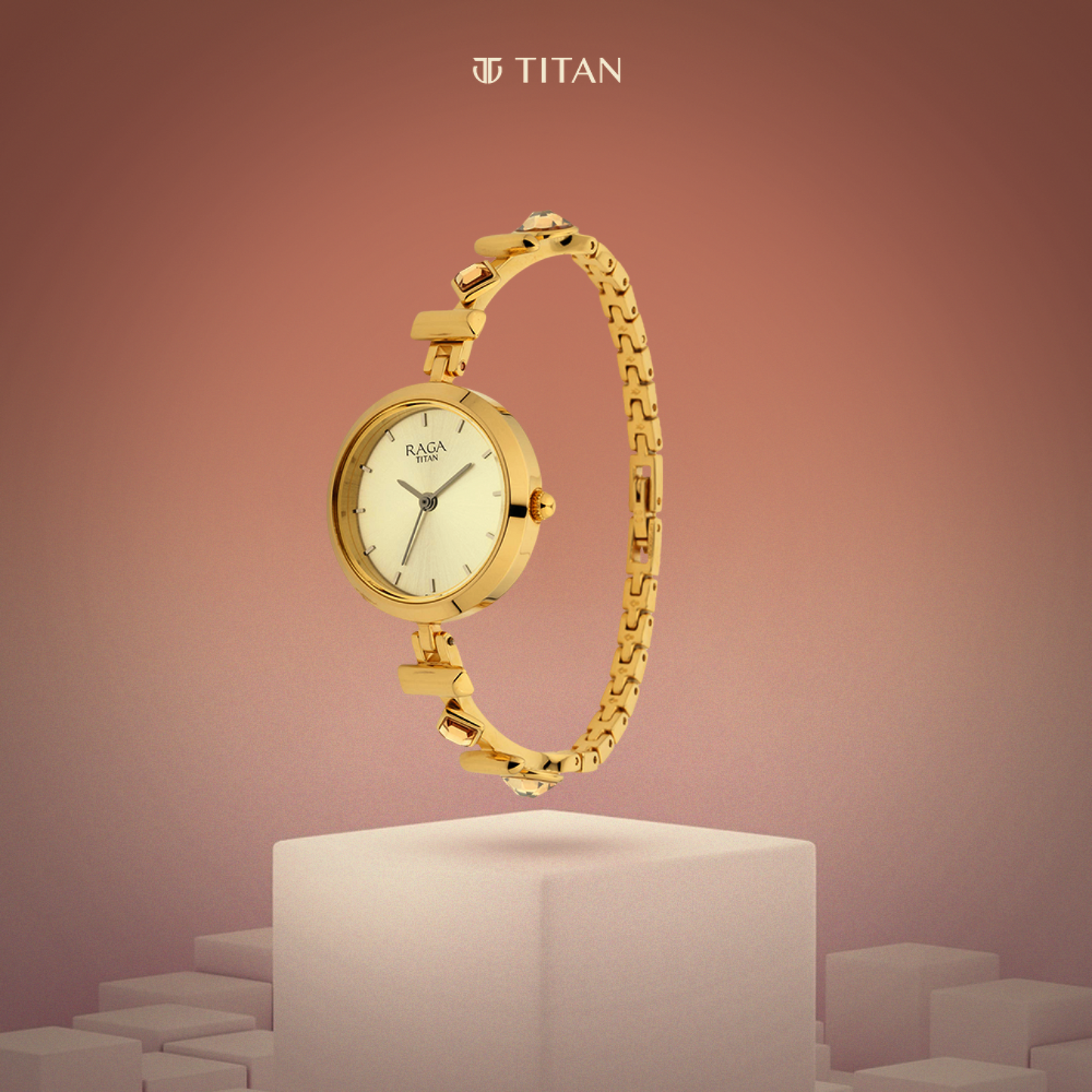 Titan Raga Facets Champagne Dial Analog Stainless Steel Strap Watch for Women