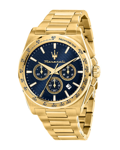 Maserati Velocita 43mm Chrono Blue Dial Gold Stainless Steel Strap Watch