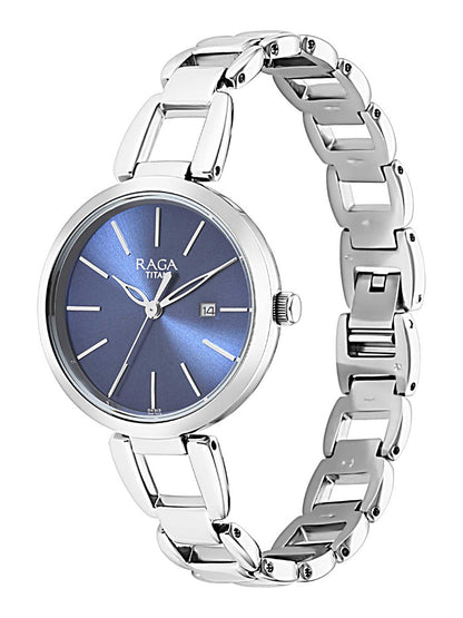 Titan Raga Viva Blue Dial Analog with Date Silver Metal Strap Watch for Women