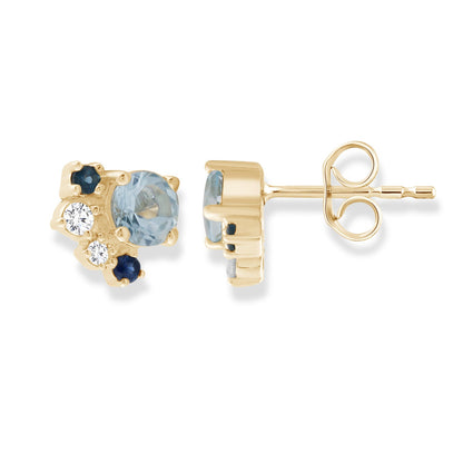 Diamond and Aquamarine Stud Earrings with 0.08ct Diamonds in 9K Yellow Gold