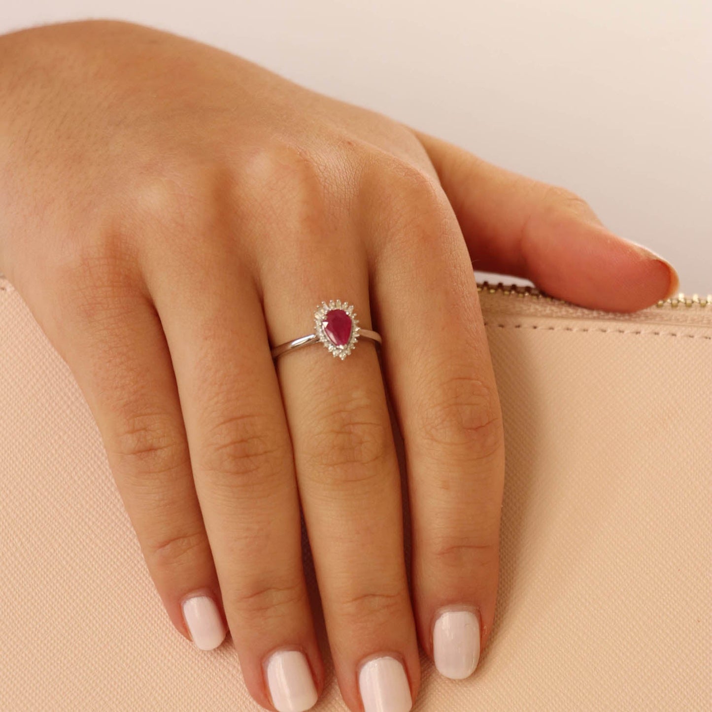 Pear Ruby Ring with 0.08ct Diamonds in 9K White Gold