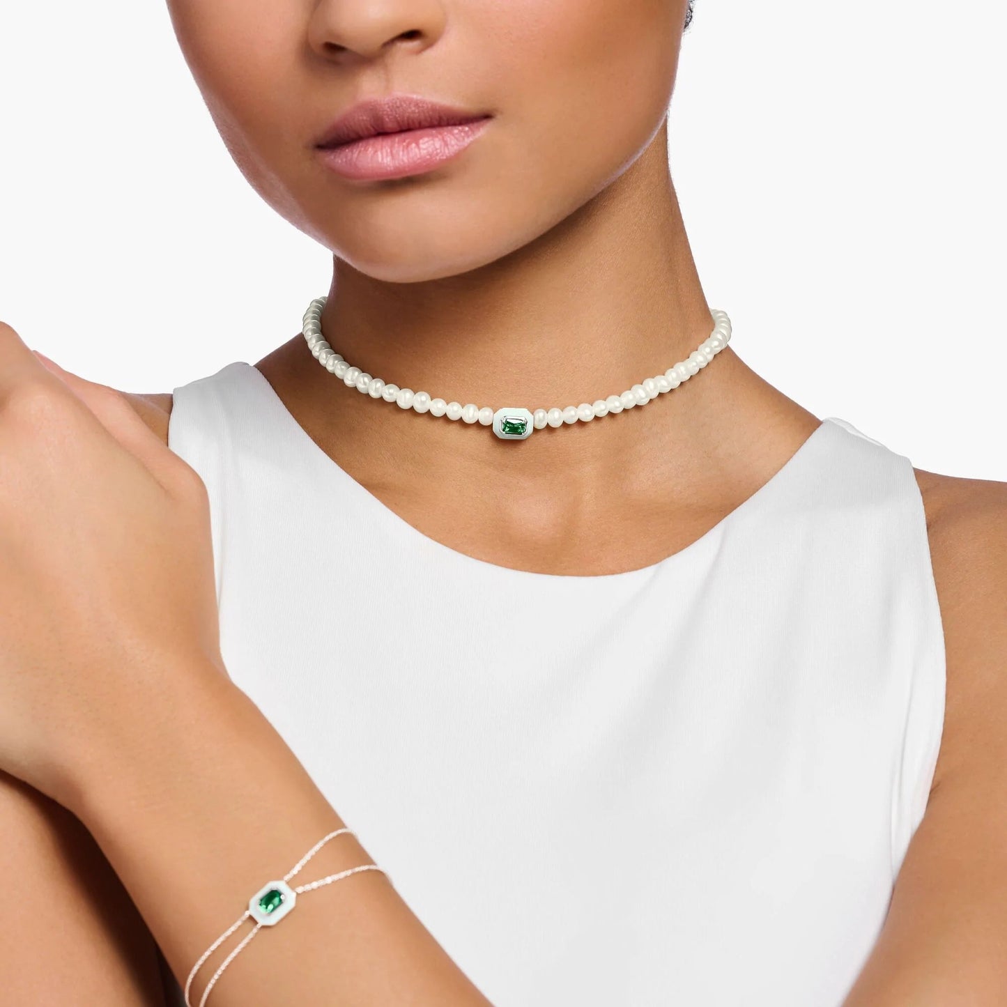 THOMAS SABO Choker Pearls With Green Stone