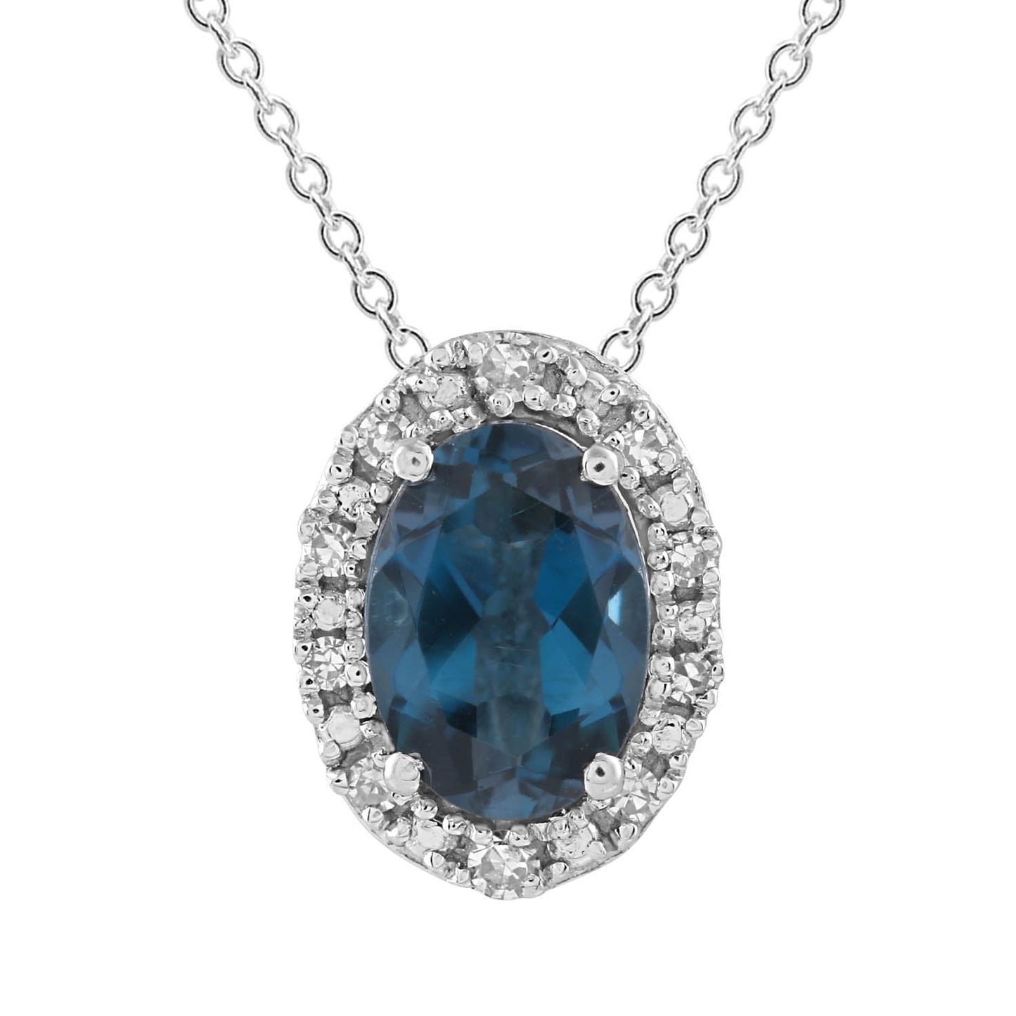London Blue Topaz Necklace with 0.05ct Diamonds in 9K White Gold