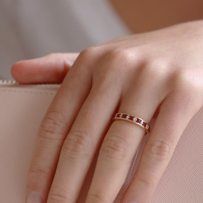 Ruby Band Ring with 0.10ct Diamonds in 9K Yellow Gold